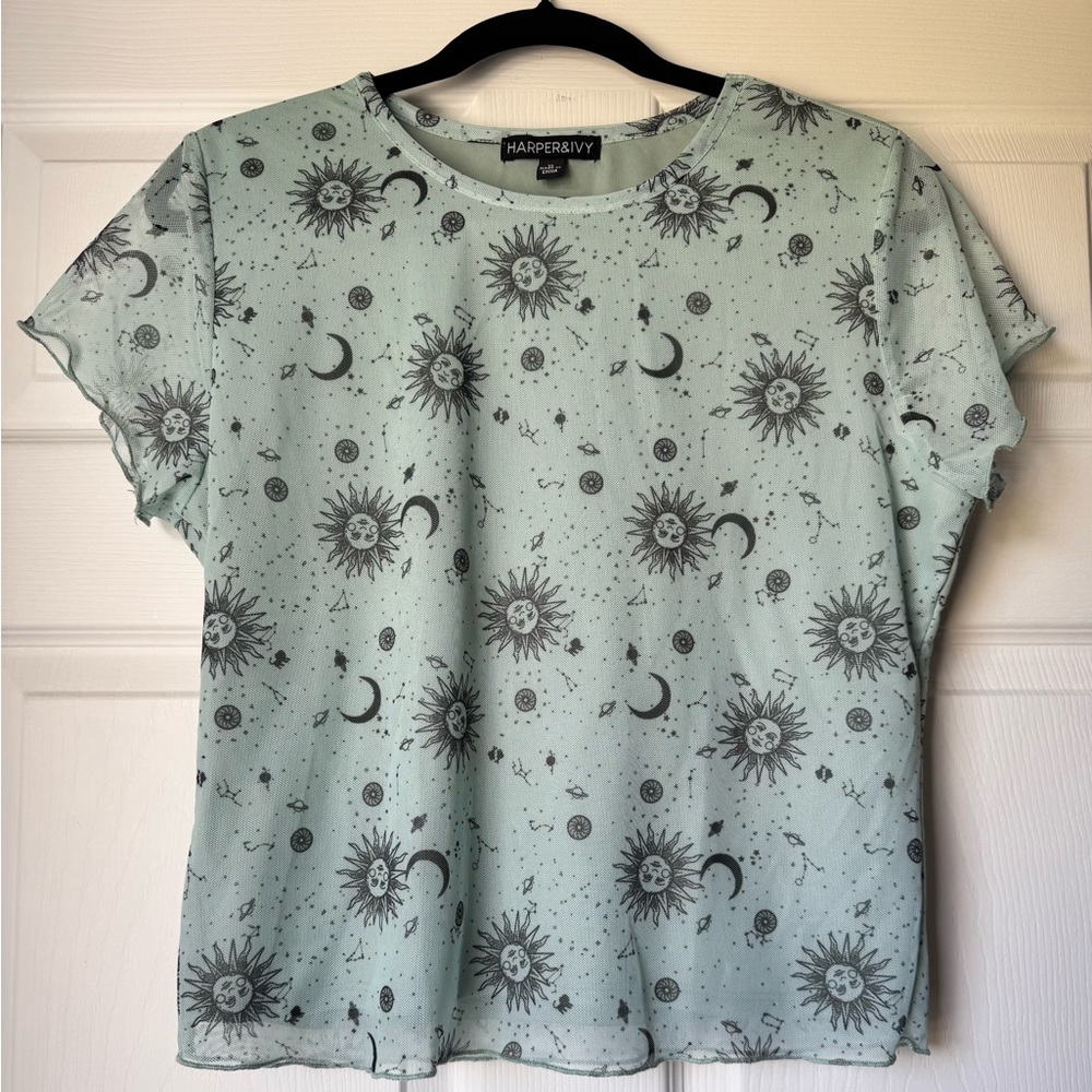 Harper & Ivy Short Sleeve Mesh Baby Tee Mint Celestial 🌞🌙✨ Sz XL